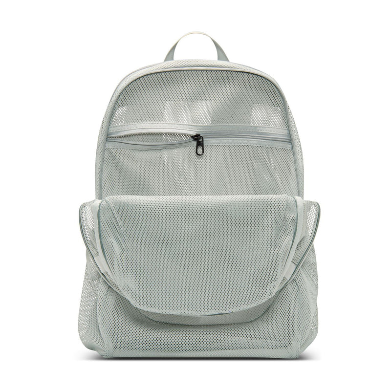Light smoke grey mesh backpack back view with padded straps and two-panel storage.