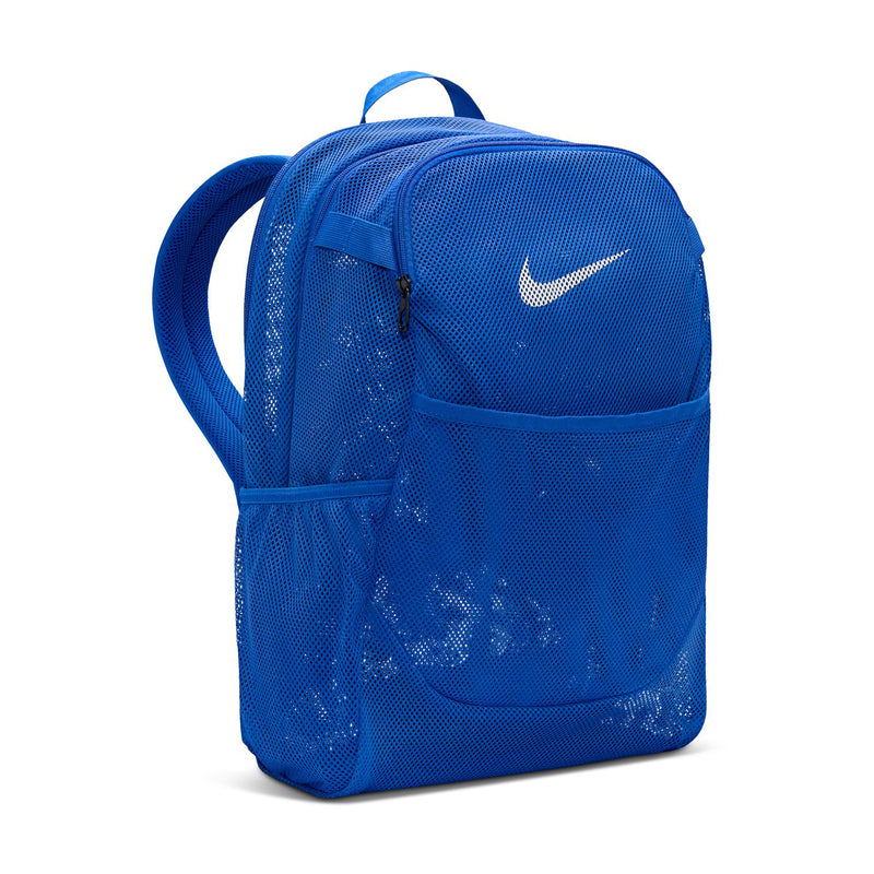 Blue mesh backpack with side handle, front pocket, and white Nike swoosh logo