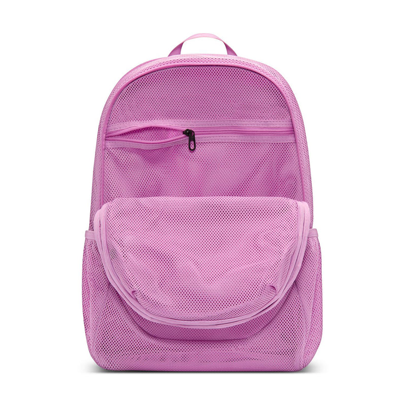 Light magenta mesh backpack with front pocket and zip-top opening.