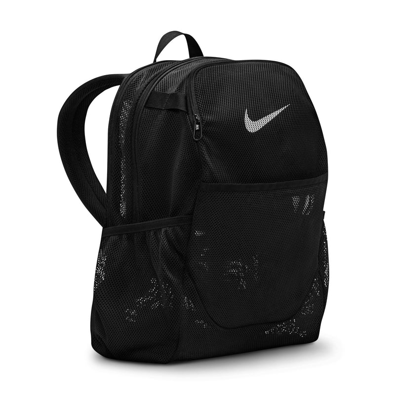 Black mesh backpack with side pocket and white swoosh logo