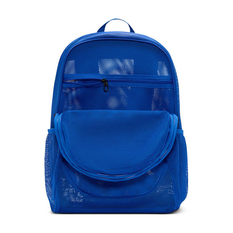 Blue mesh backpack with top handle, front zipper pocket, and curved strap detail
