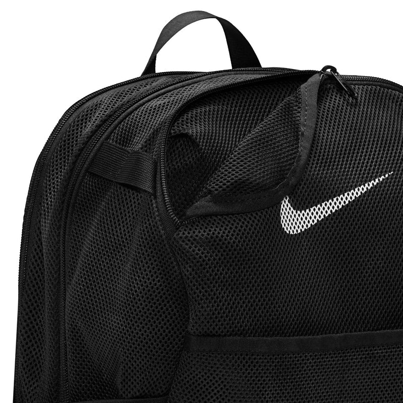 Black mesh backpack with curved front seam and white swoosh logo