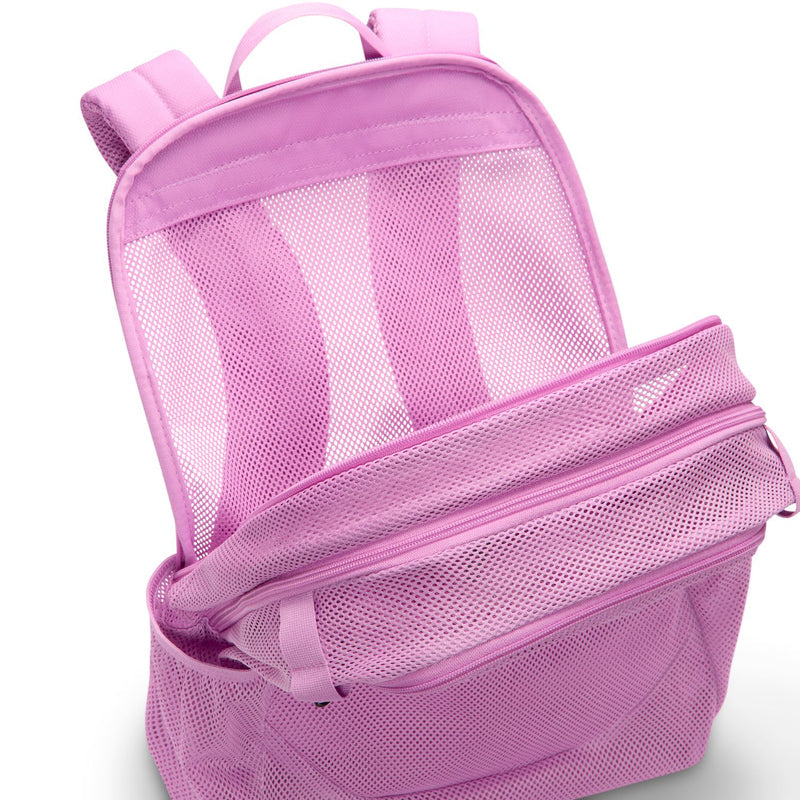 Light magenta mesh backpack with padded straps and wide front panel.