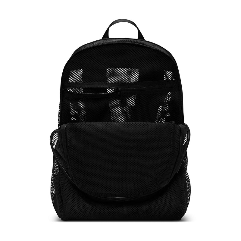 Black mesh backpack with padded back panel and front zipper pocket