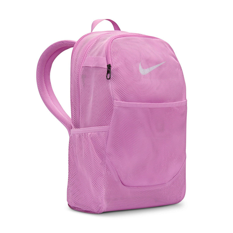 Light magenta mesh backpack with side carry handle and front pocket.
