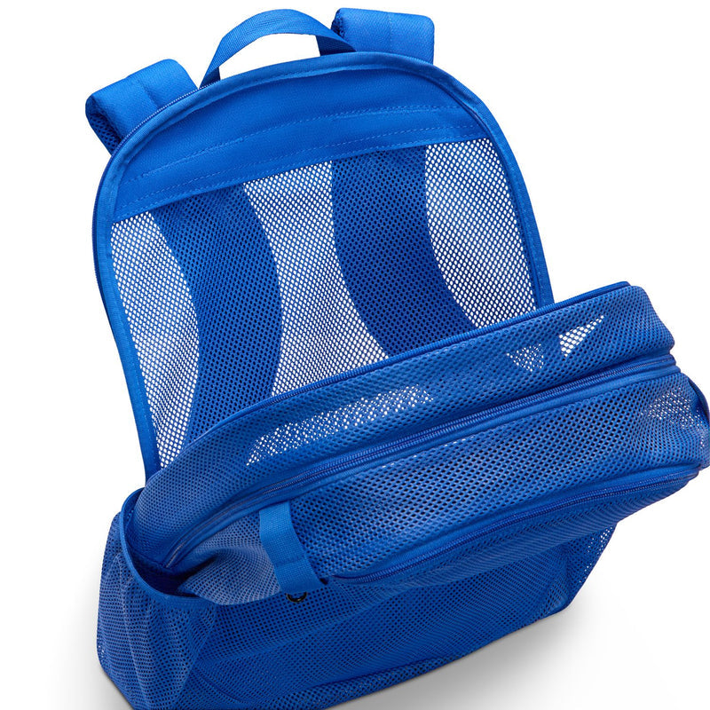 Blue mesh backpack with translucent front panel straps and front zip compartment