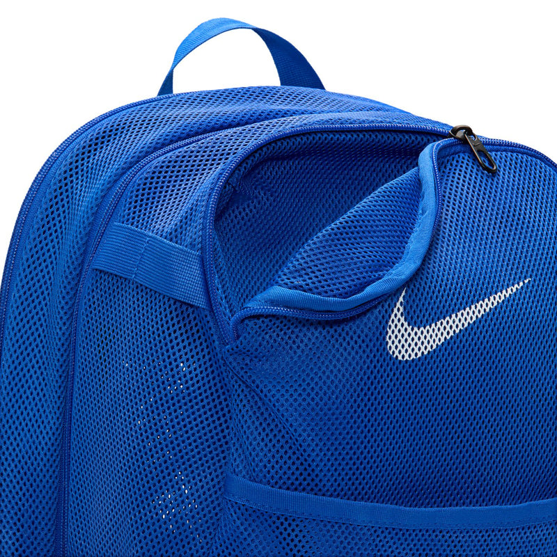 Blue mesh backpack with curved front pocket and white Nike swoosh logo