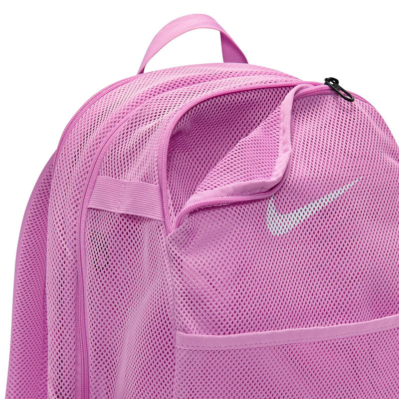 Light magenta mesh backpack with front logo and zip pocket detail.