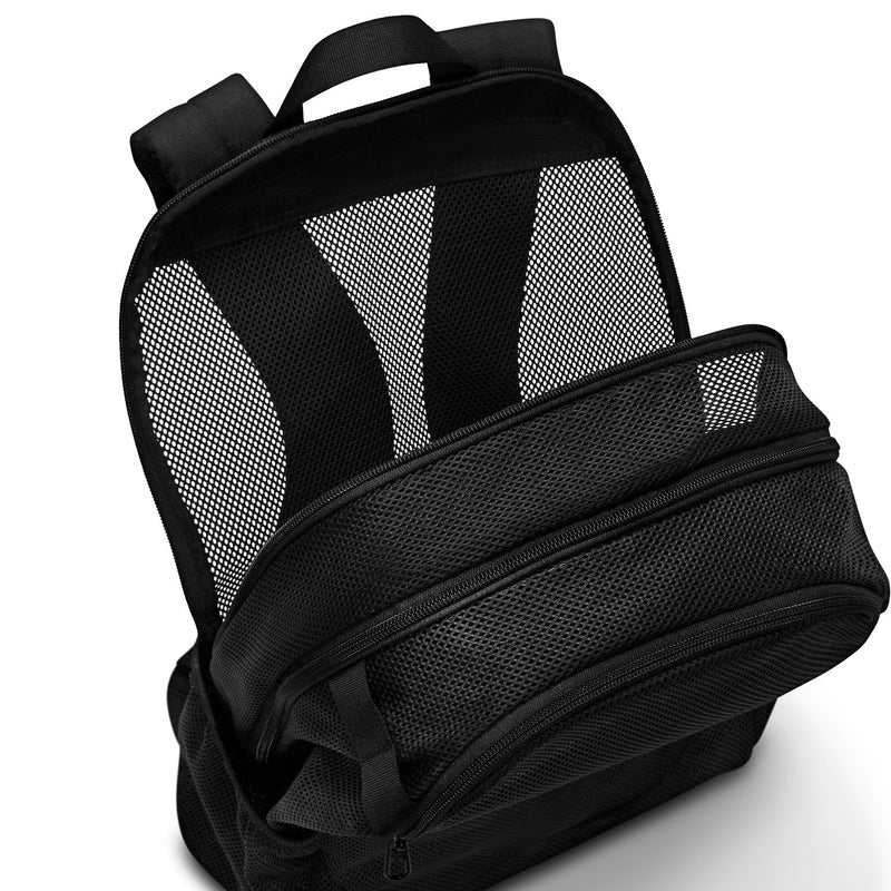 Black mesh backpack with top handle, wide strap, and front panel