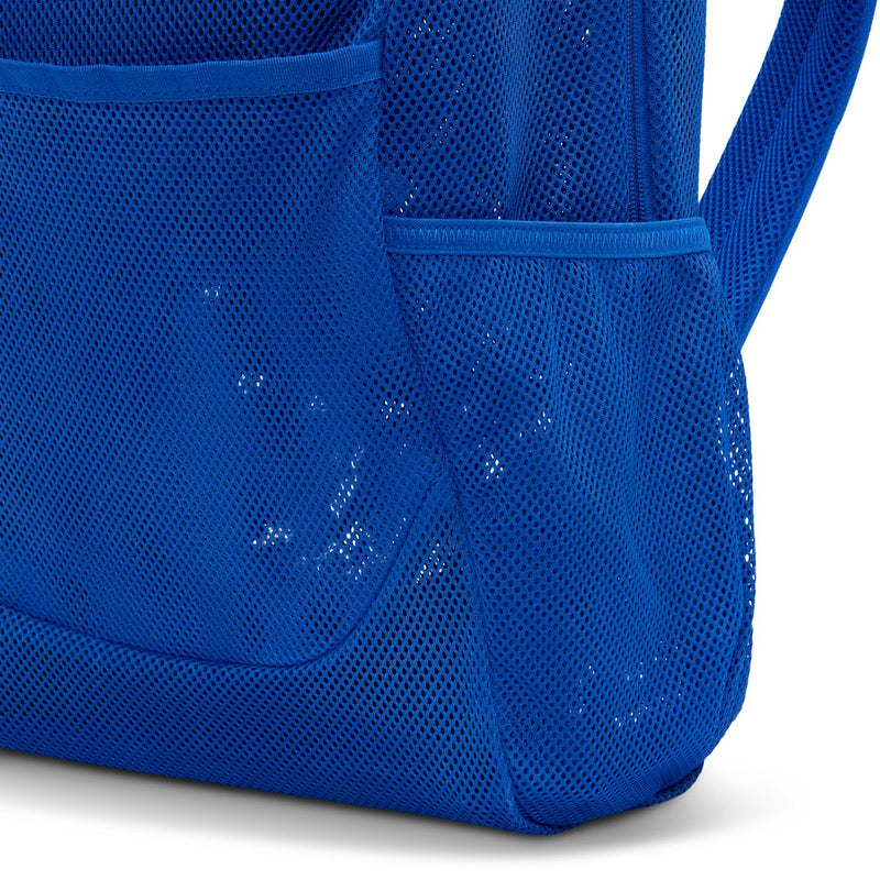 Blue mesh backpack with front pocket detail and small zipper on the panel