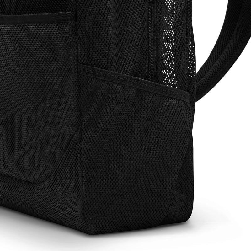 Black mesh backpack with zip pocket and reinforced side panel