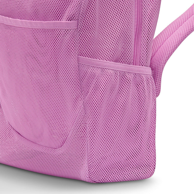 Light magenta mesh backpack with side pocket and reinforced base.