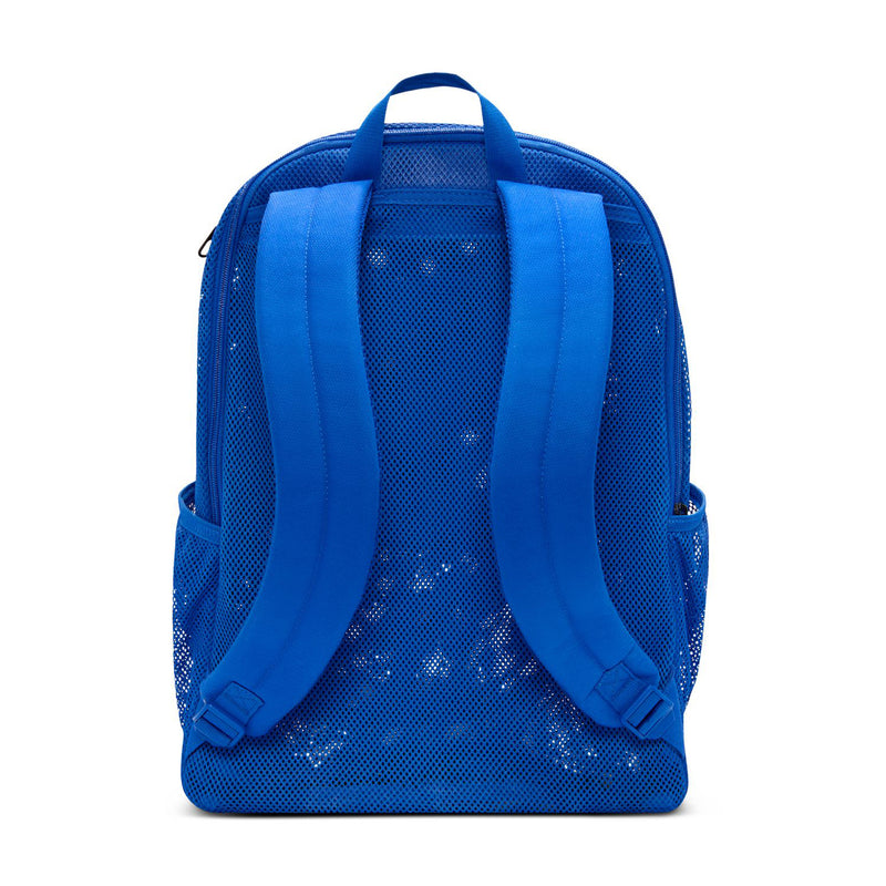 Blue mesh backpack back view with padded shoulder straps and top handle