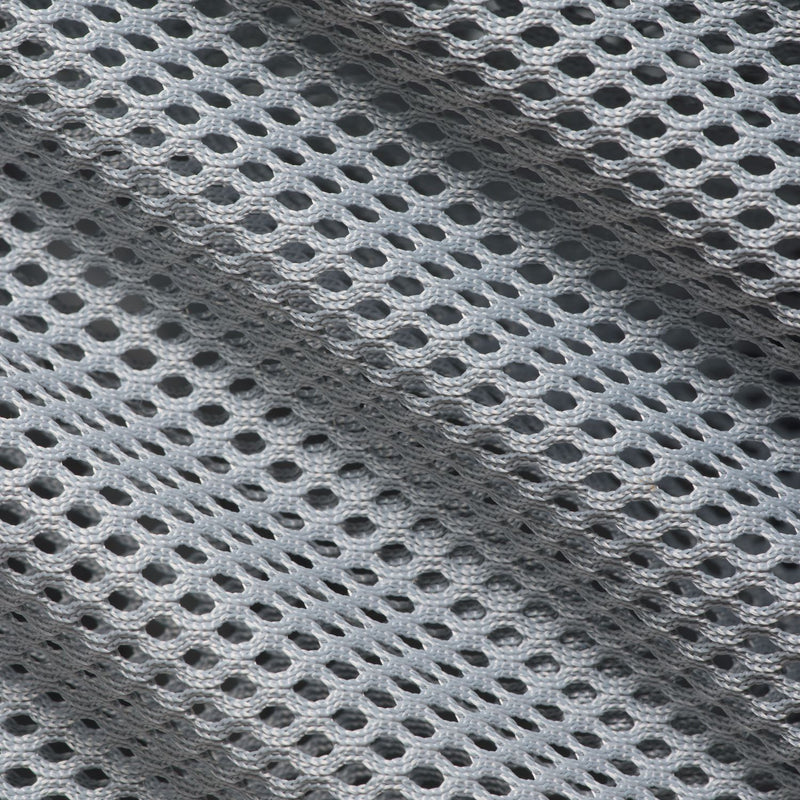 Close-up of light smoke grey mesh fabric with repeating diamond weave pattern.