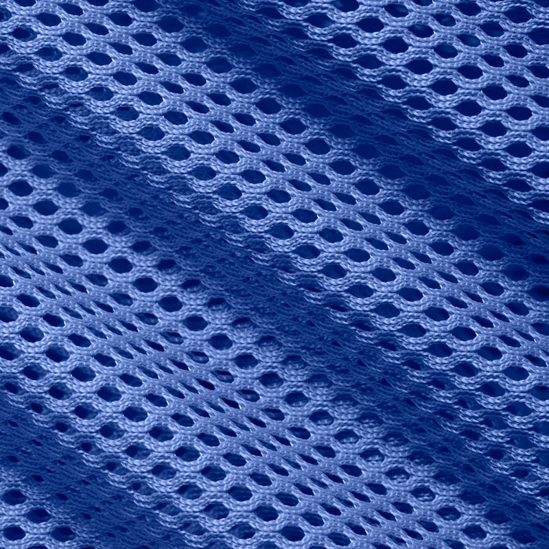 Close-up of blue breathable mesh fabric with repeating oval openings