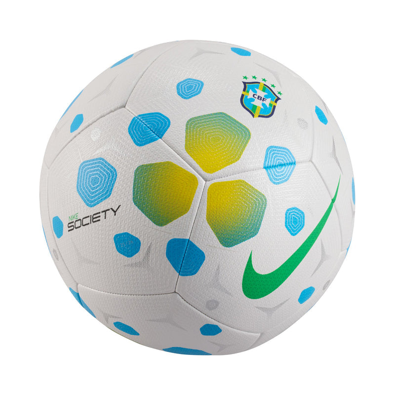 White soccer ball with blue geometric accents, green Nike swoosh, Brazil Society crest