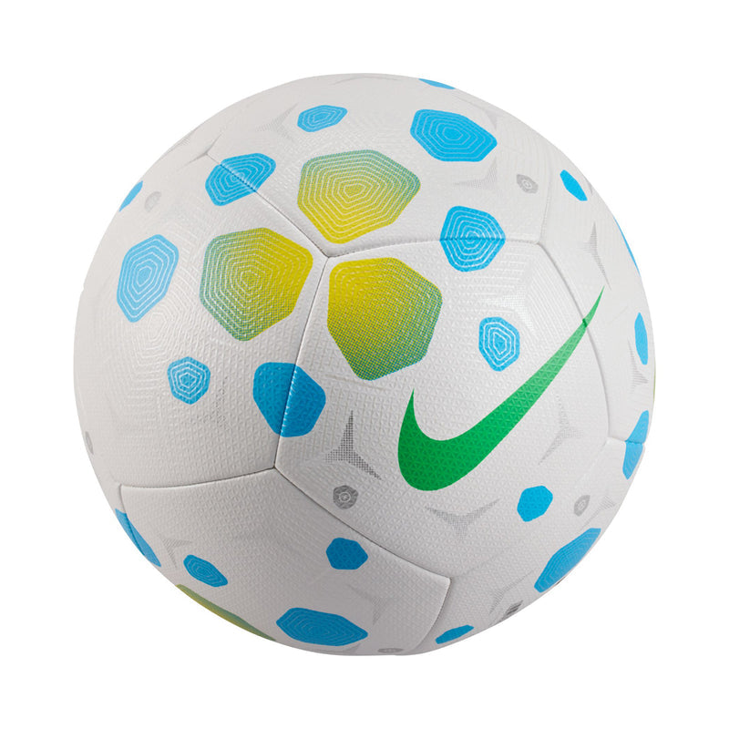White soccer ball with blue dots, green Nike swoosh, rainbow-style center panels