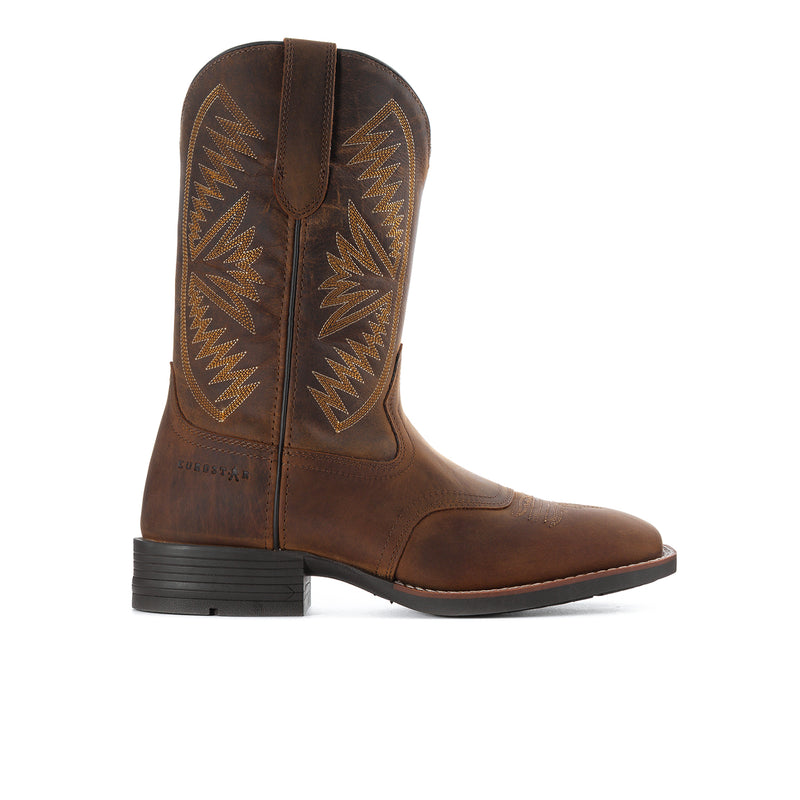Men's brown western boots with embroidered side panels and block heel