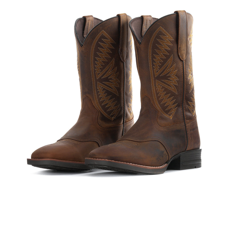 Men's brown western boots with embroidered shafts and wide-toe profile