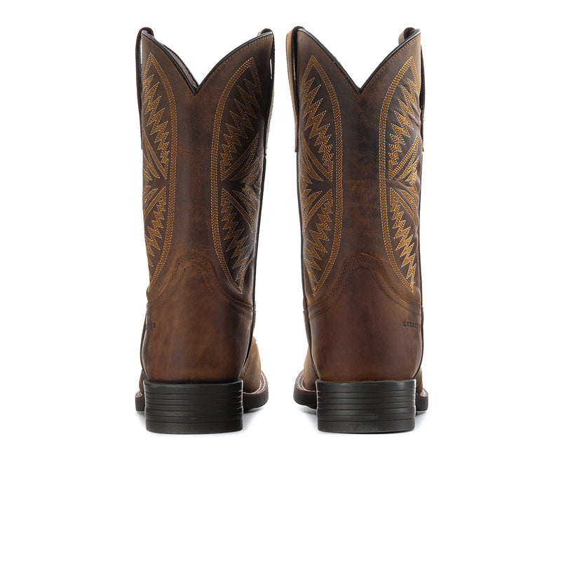 Men's brown western boots with embroidered panels and stacked black heel