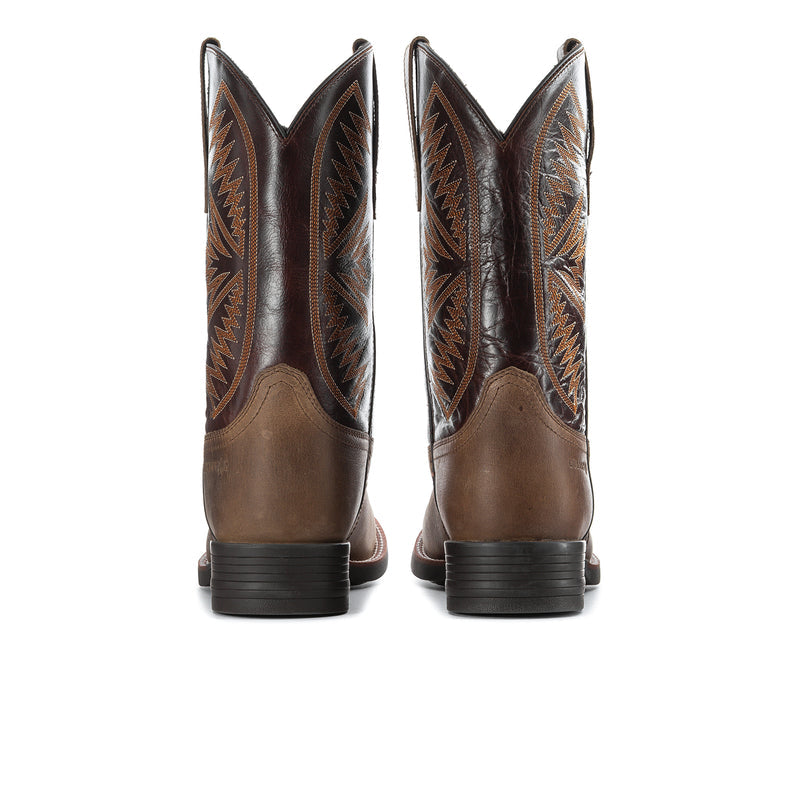 Pair of tan cowboy boots with dark embroidered shafts and black stacked heels