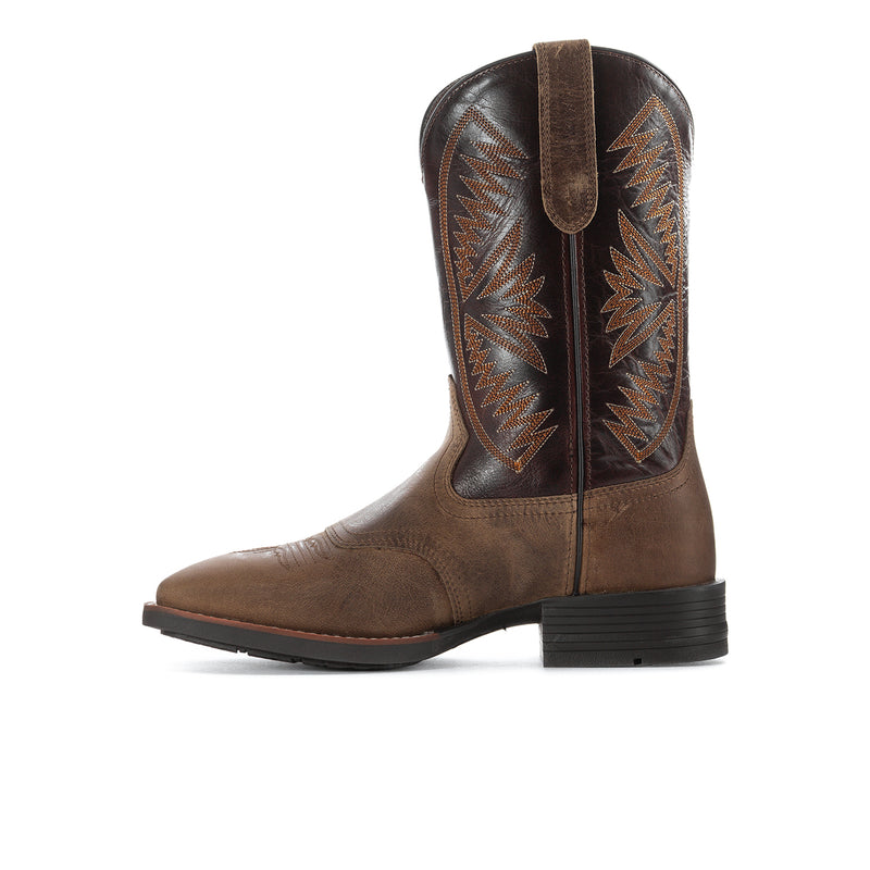 Tan cowboy boots with dark embroidered shaft panels and brown pull strap, black sole