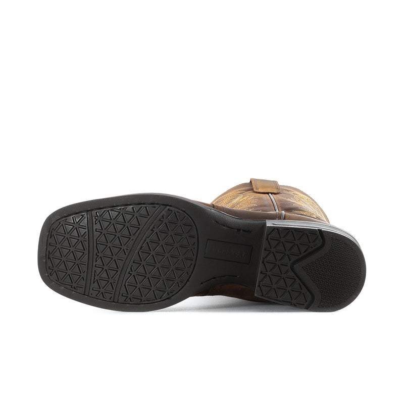 Men's western boots outsole with textured tread on dark rubber sole