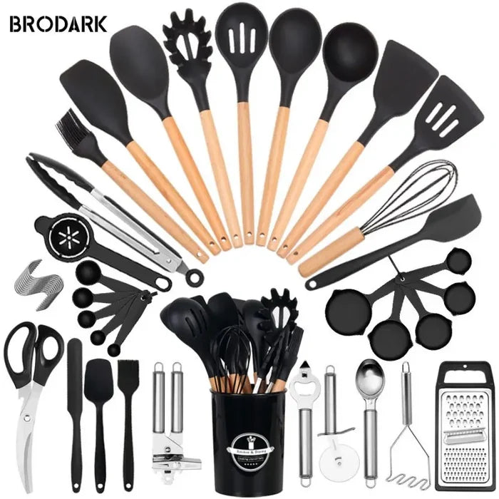 ChefCraft™ 44-Piece Premium Silicone Kitchen Utensil Set – Heat-Resistant Tools with Wooden Handles