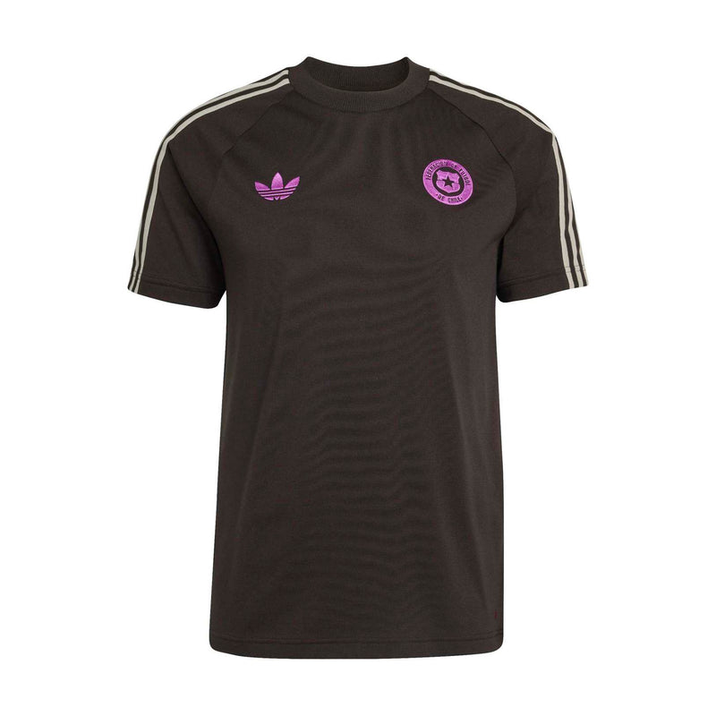 Mens dark brown tee with purple chest logos and white shoulder stripes, crew neck