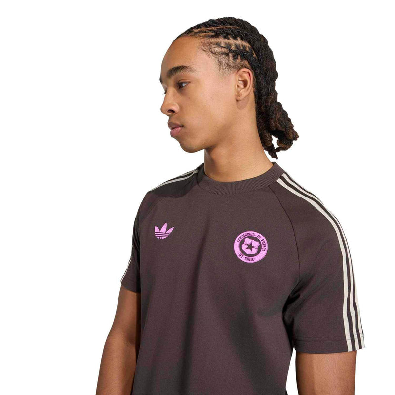 Mens dark brown tee close-up with purple chest patch logo and white sleeve stripes