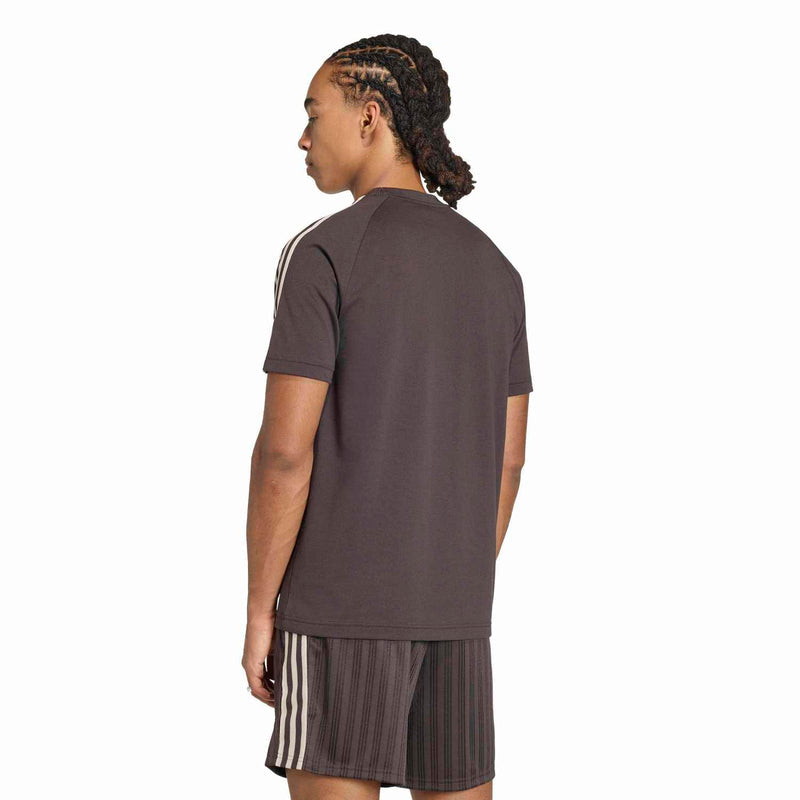 Mens dark brown tee back view with crew neck and white shoulder stripes