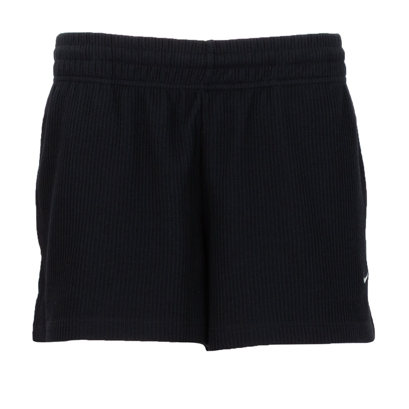 Black waffle-knit womens pull-on shorts with elastic waistband and short inseam