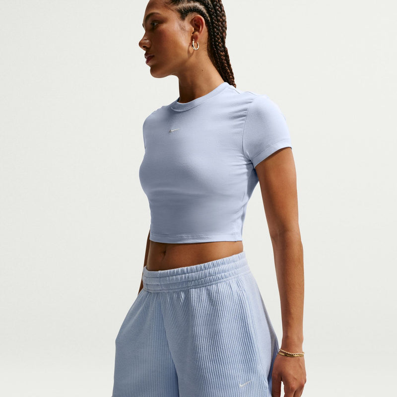 Women’s light blue knit waffle shorts from the side, elastic waistband
