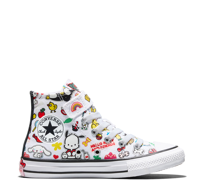 Kids high-top sneakers in white with colorful Hello Kitty cartoon prints