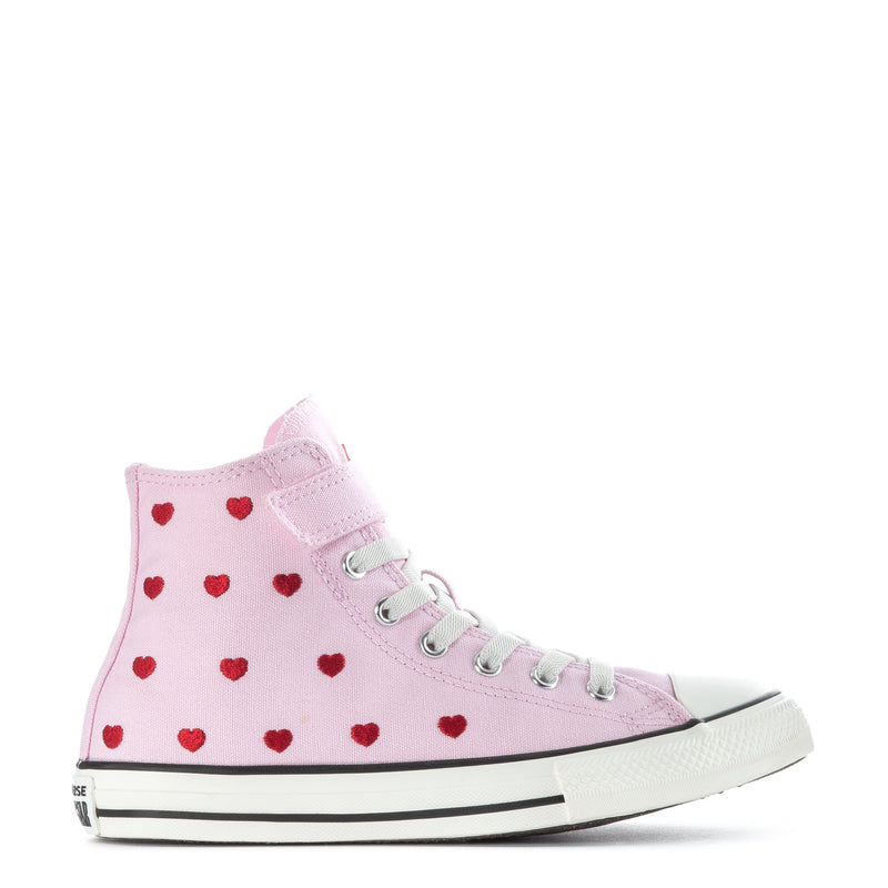 Kids pink high-top sneakers with red heart print, Velcro strap and laces