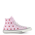 Kids pink high-top sneakers with red heart print, Velcro strap and laces