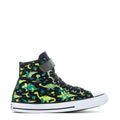 Kids high-top sneakers in black with neon green dinosaur print and hook-and-loop strap