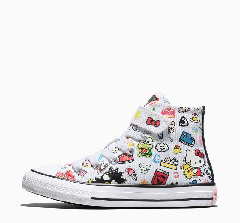 Kids high-top sneakers, white with Hello Kitty and multicolor character patterns