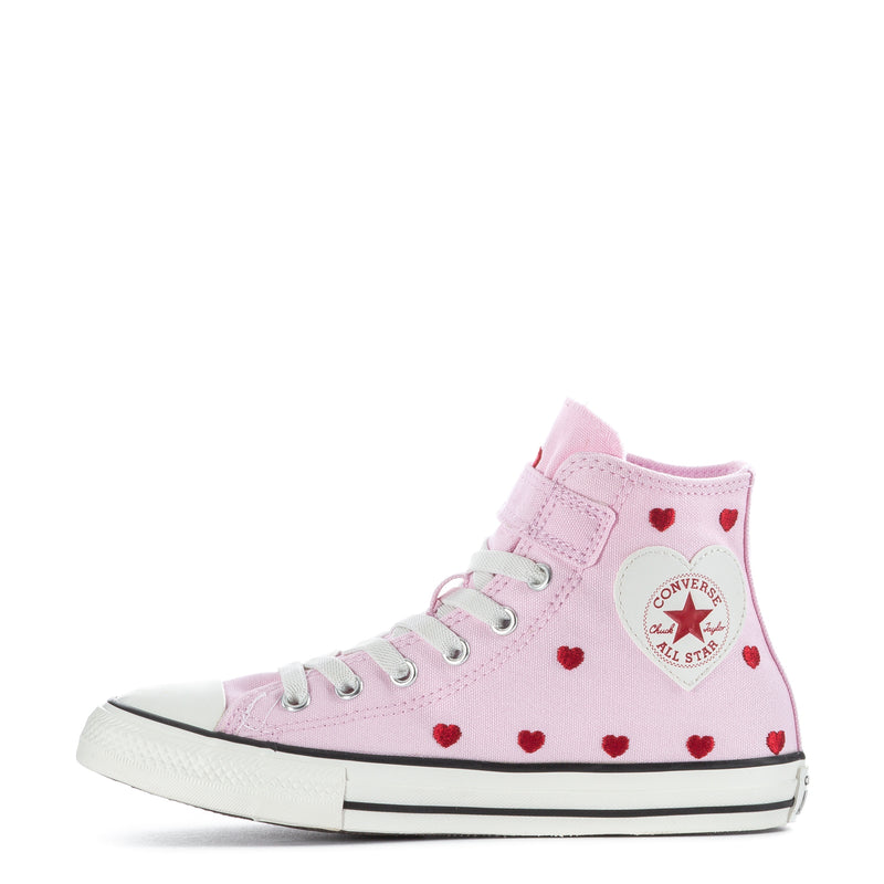 Kids pink high-top sneakers with red heart print and Converse All Star side patch
