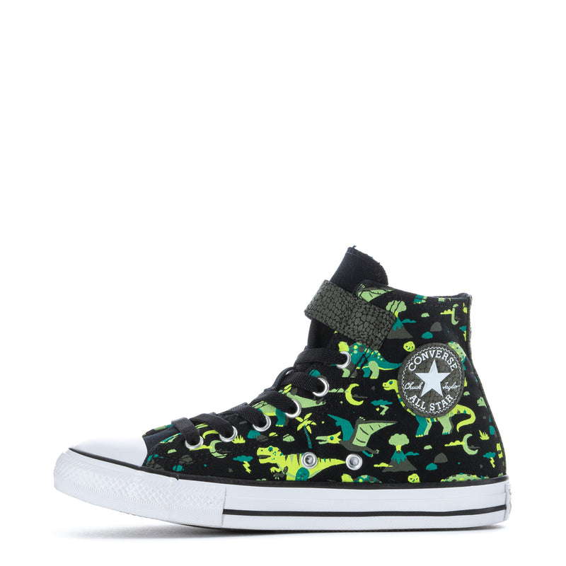Kids high-top Converse sneakers in black with neon green dinosaur print and side patch
