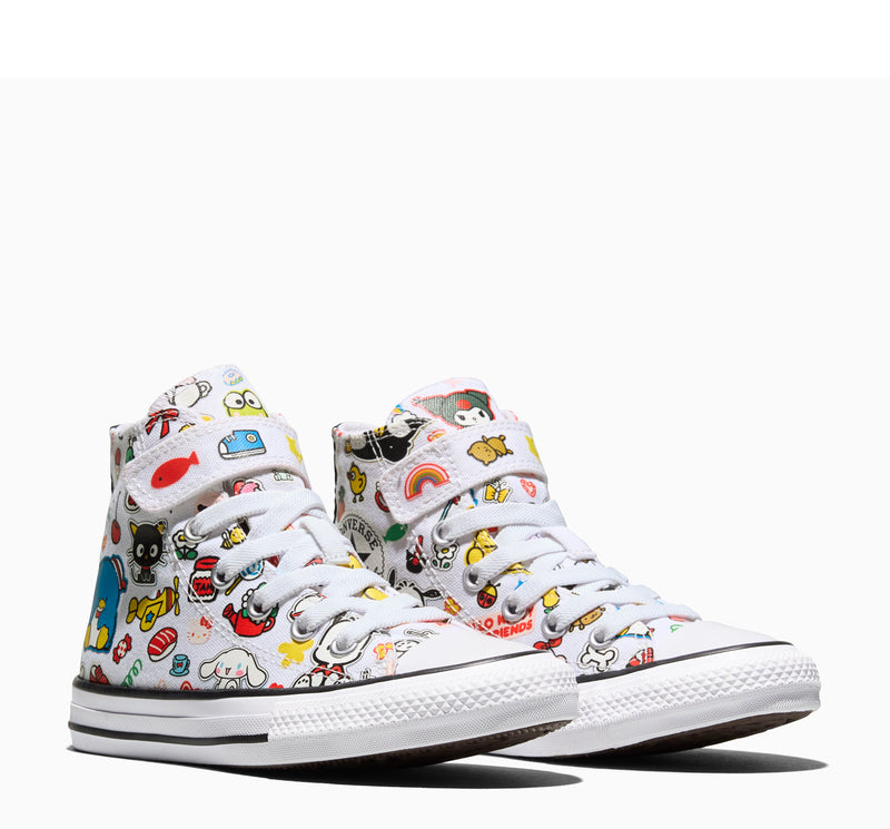 Kids high-top sneakers in white with playful character doodle prints and laces