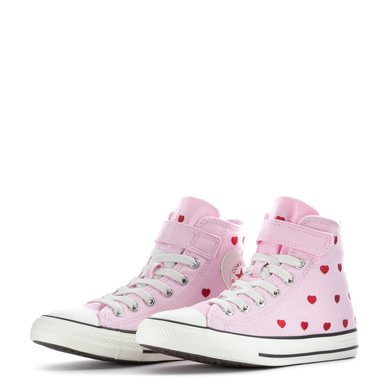 Pair of Kids pink high-top sneakers with red hearts, lace-up design