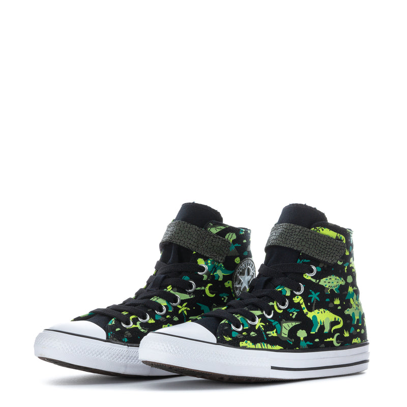 Kids high-top sneakers in black with neon green dinosaur pattern and white rubber toe