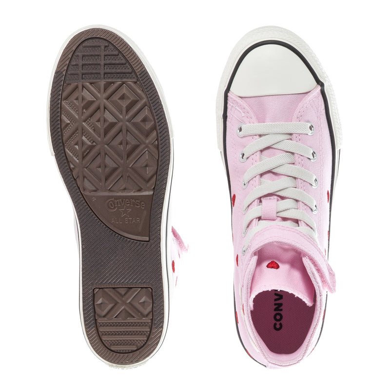 Kids pink high-top sneaker outsole and front view with red heart accents