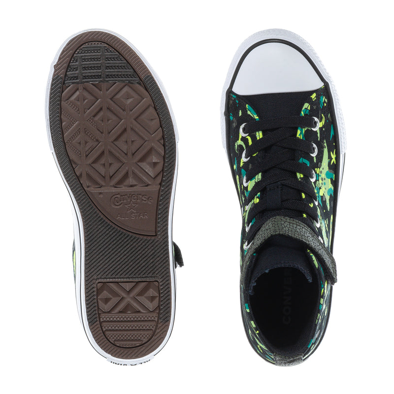 Kids Converse high-top sneaker soles and black upper with neon green dinosaur print