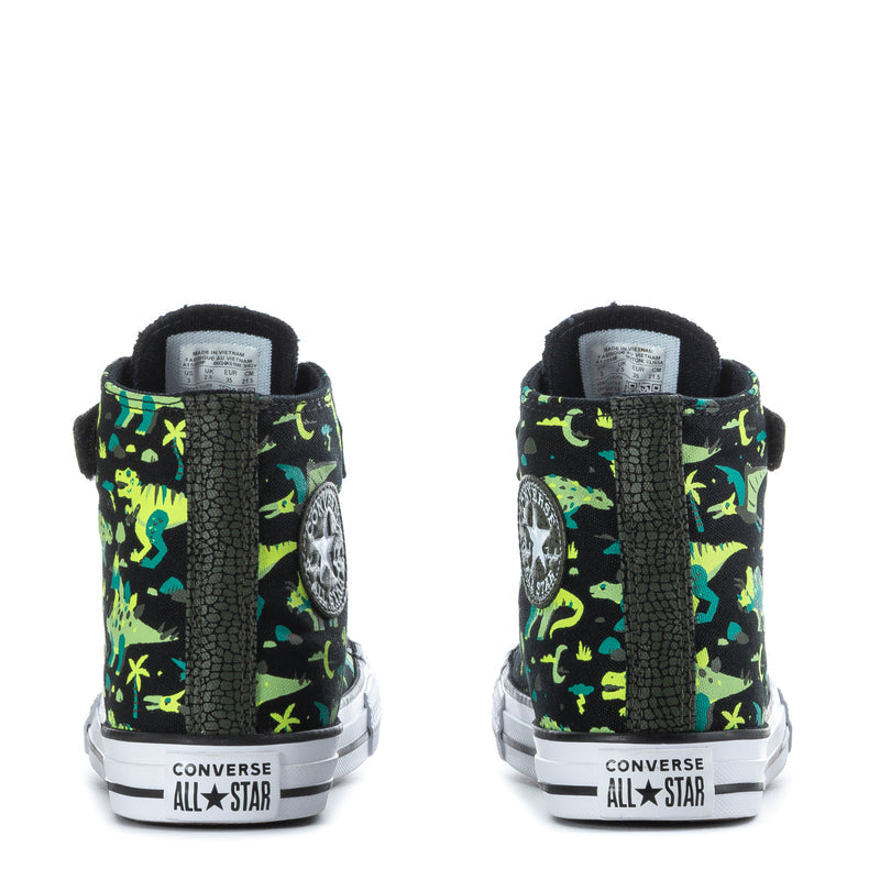 Kids high-top Converse sneakers in black with neon green dinosaur print and All Star heel tab