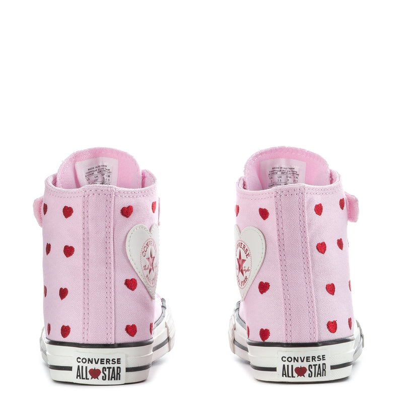 Kids pink high-top sneakers with red heart print, rear view and All Star patch