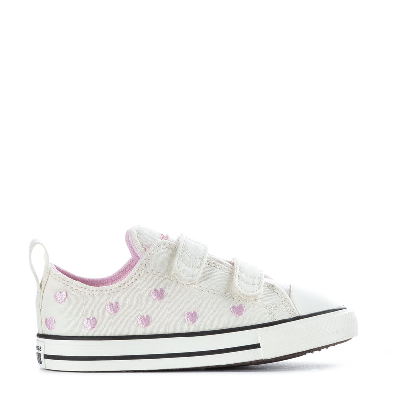 Toddler low-top sneakers with pink heart print, white canvas, hook-and-loop straps