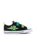 Toddler black dinosaur print sneakers with two neon green/teal Velcro straps and white sole