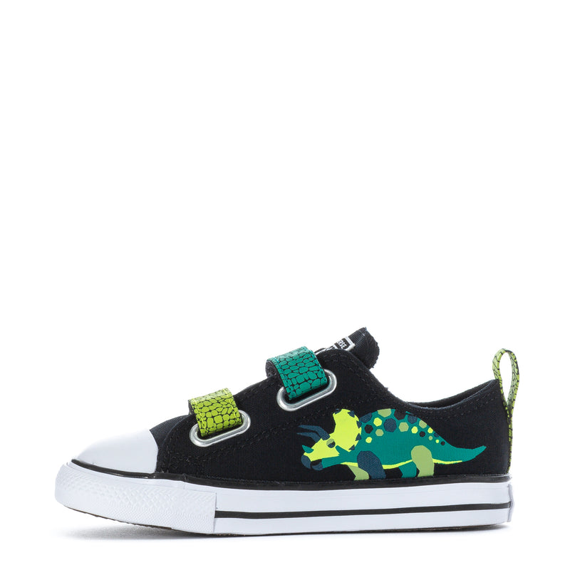 Toddler black low-top sneakers with dinosaur graphic, two neon Velcro straps, white sidewall